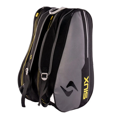 Black and gray sports bag with yellow accents on a white background