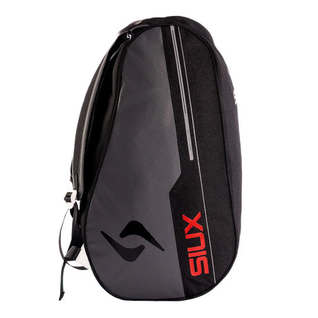 Black and gray sports bag with red logo on a white background
