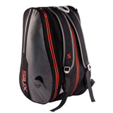 Black and gray sports bag with red accents on a white background