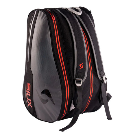 Black and gray sports bag with red accents on a white background
