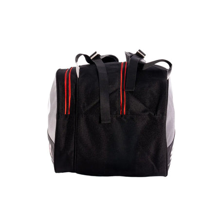Black and gray bag with red accents on a white background