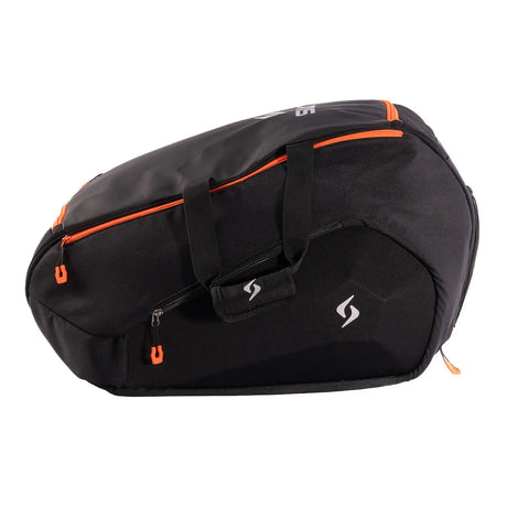 Black sports bag with orange accents on a white background