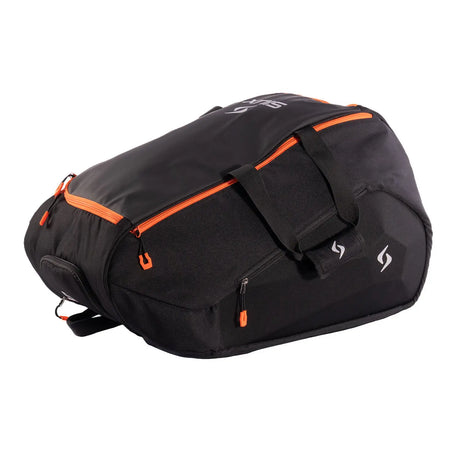 Black duffel bag with orange accents on a white background