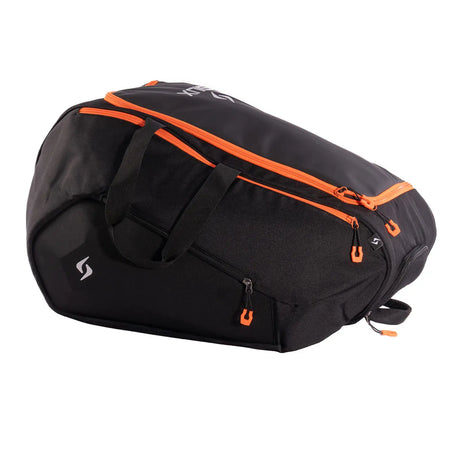 Black duffel bag with orange accents on a white background