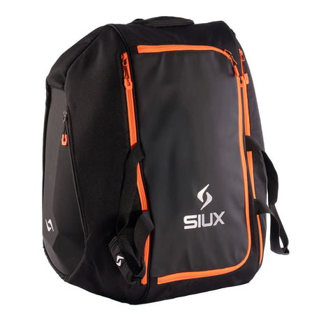 Black backpack with orange accents and Siux logo on a white background