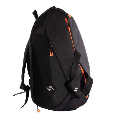 Black backpack with orange accents on a white background