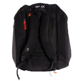 Black backpack with visible branding on a white background