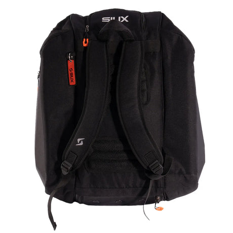 Black backpack with visible branding on a white background