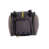 Gray pet carrier with yellow accents on a white background