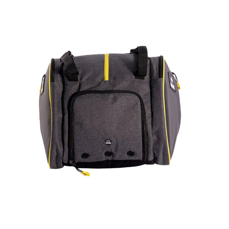 Gray pet carrier with yellow accents on a white background