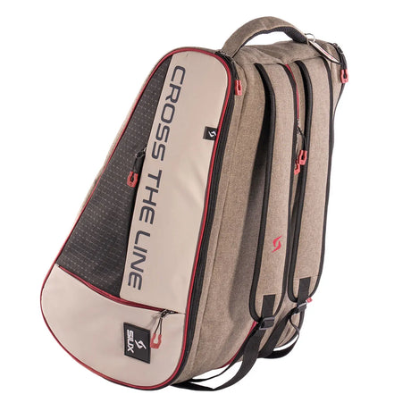 Padel racket bag with 'Cross The Line' branding on a white background