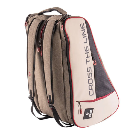 Padel racket bag with 'Cross the Line' branding on a white background