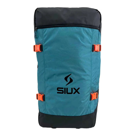 Blue duffel bag with black top and orange straps on a white background, featuring the SIUX brand logo.