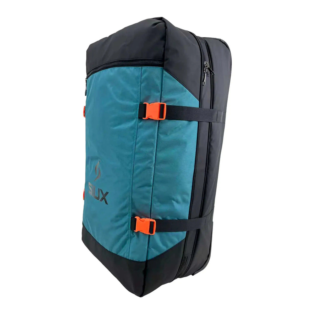 Teal and black backpack with orange straps on a white background