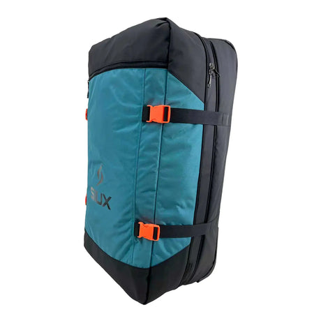 Teal and black backpack with orange straps on a white background
