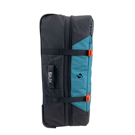 Blue and black duffel bag with orange zippers on a white background