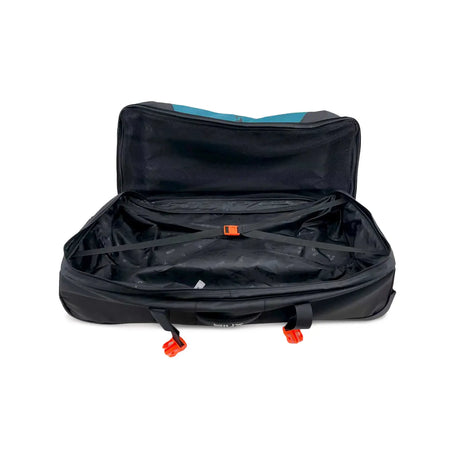 Black travel bag with orange zippers on a white background