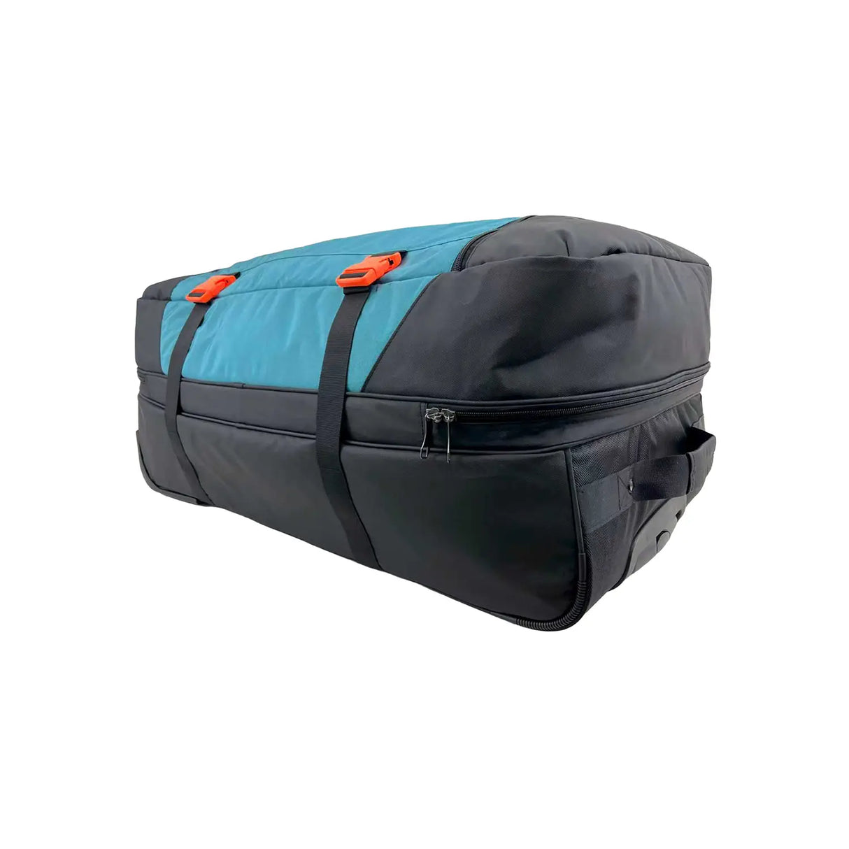 Blue and gray duffel bag with orange zippers on a white background