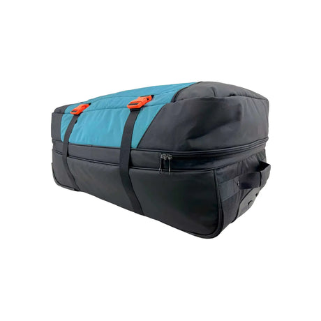 Blue and gray duffel bag with orange zippers on a white background