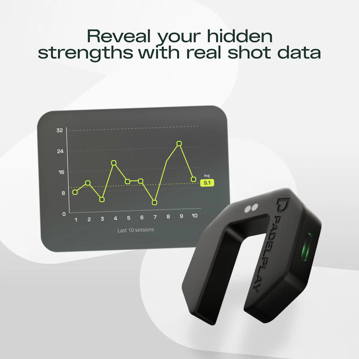 Black device with a screen displaying a graph on a white background, accompanied by text 'Reveal your hidden strengths with real shot data'.