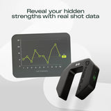 Black device with a screen displaying a graph on a white background, accompanied by text 'Reveal your hidden strengths with real shot data'.