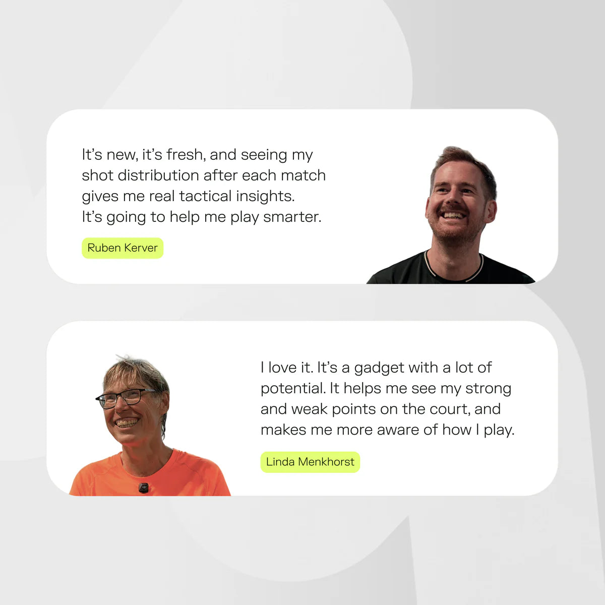 Two people with text bubbles containing their testimonials on a gray background