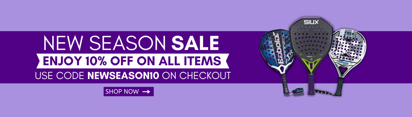 Promotional banner for a new season sale with SIUX padel rackets on a purple background.