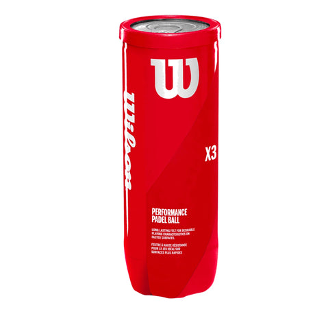Red canister of Wilson Performance Padel balls on a white background